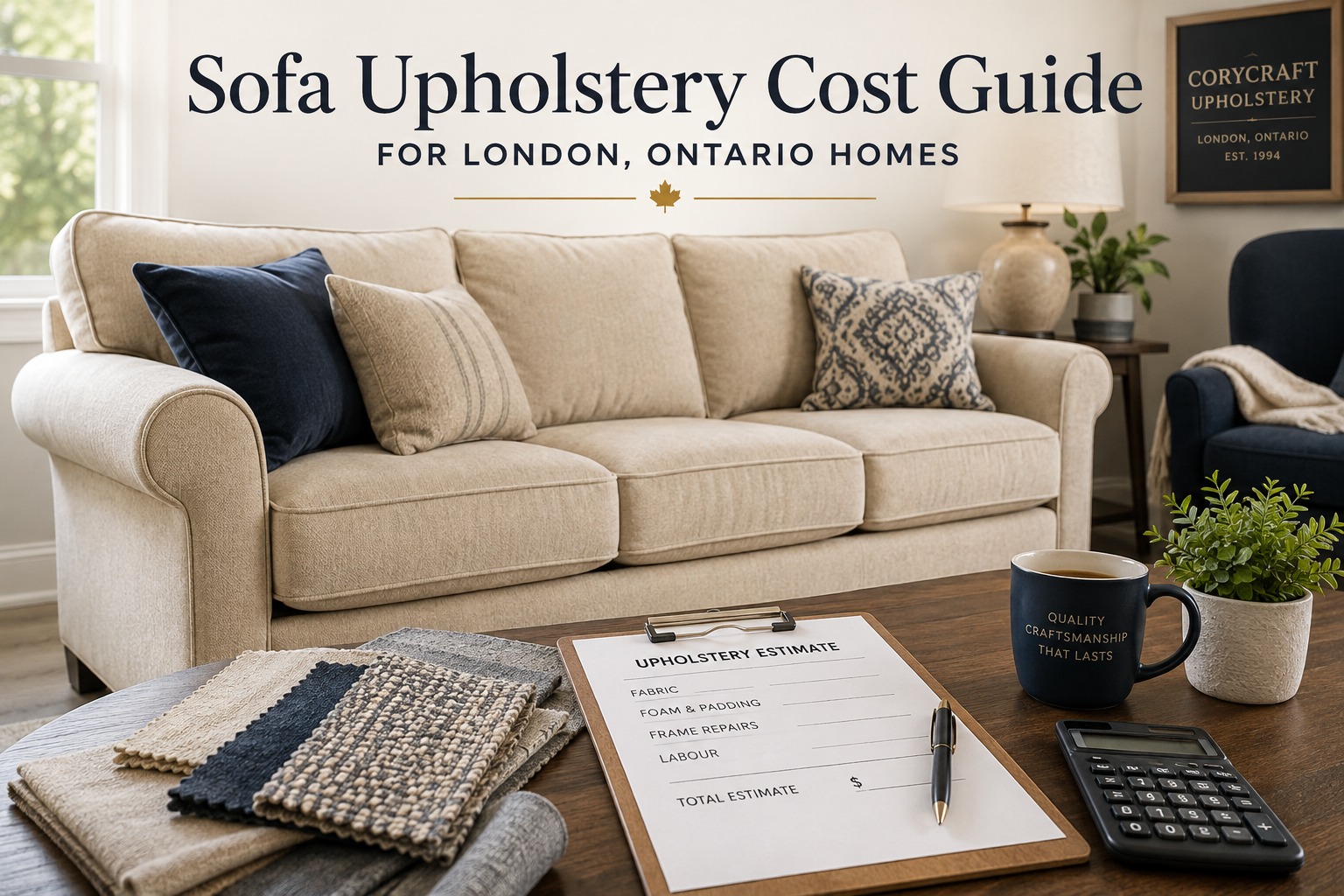 Understand sofa upholstery costs in London, Ontario, including fabric, foam, frame repairs, labour, and when restoration makes better long-term sense.