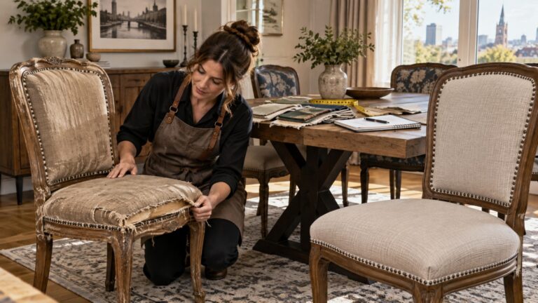 Have worn or outdated dining chairs? Learn when dining chair upholstery makes sense for London, Ontario homes, what affects the estimate, and what photos to send.